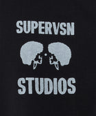Black streetwear shirt with white SUPERVSN STUDIOS logo and mirrored afro silhouettes