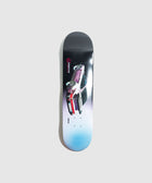 Skateboard deck with a purple sports car graphic and gradient blue edge on a gray background