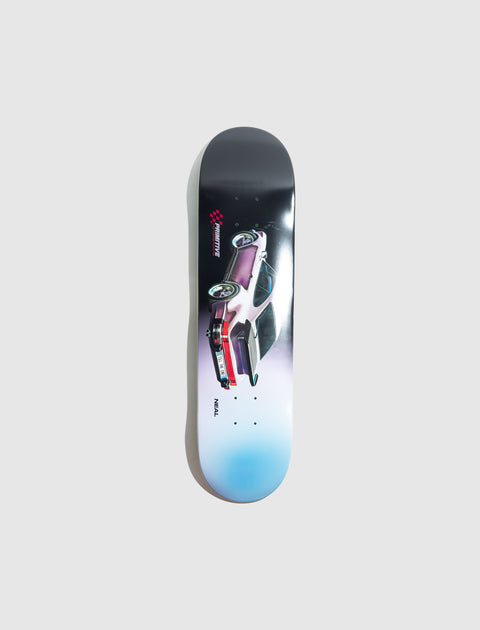 Skateboard deck with a purple sports car graphic and gradient blue edge on a gray background