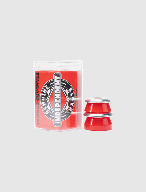 Red conical skateboard bushings with washers, packaged in clear plastic container