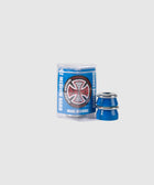 Blue skateboard bushings and metal washers set, with packaging on white background