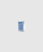Blue collapsible silicone cup in clear plastic packaging on a light gray background