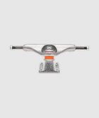 Silver skateboard truck with orange bushing on a plain white background