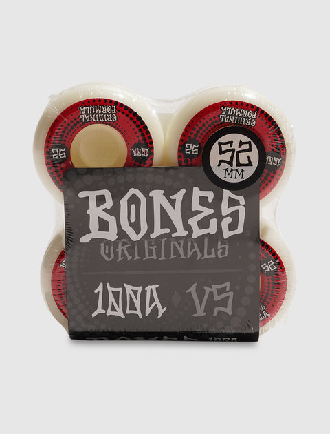 Bones Originals 52mm 100A VS skateboard wheels pack, red and white, on gray background