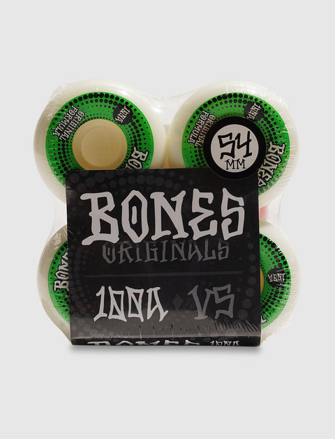 Pack of four 54mm Bones Originals skateboard wheels with green and black design.
