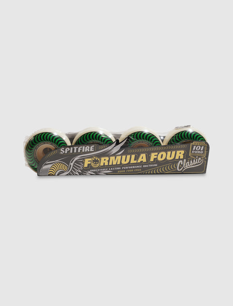 Spitfire Formula Four Classic skateboard wheels in packaging, white and green design
