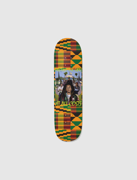 Skateboard deck with colorful geometric pattern and group illustration, text 'Protect The Hood At All Costs'.