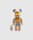 Two art bear brick figures with colorful painted patterns on a plain background