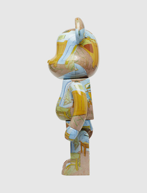 Side view of collectible bearbrick toy with Van Gogh-inspired art print pattern