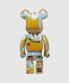 Bearbrick toy with Van Gogh art print and 'Vincent' text on the back, white background
