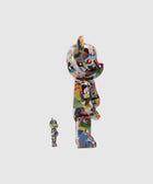 Colorful cartoon-patterned bear figures, side view, large and small sizes on white background