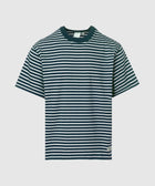 Men's navy and white striped short sleeve streetwear t-shirt on plain background