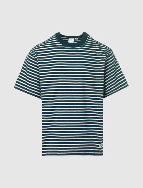 Men's navy and white striped short sleeve streetwear t-shirt on plain background
