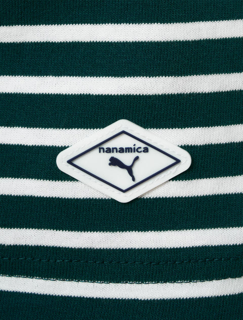 Green and white striped streetwear shirt with nanamica and puma logo patch on chest