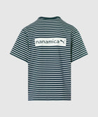 Back view of a black and white striped short sleeve t-shirt with nanamica and Puma logo.