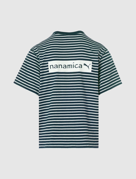 Back view of a black and white striped short sleeve t-shirt with nanamica and Puma logo.