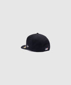 Black fitted baseball cap with New Era and MLB logo, side and back view on white background