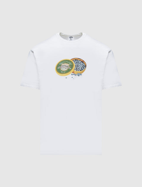 White streetwear t-shirt featuring a caviar tin graphic with diamonds on chest