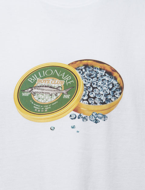 White streetwear t-shirt featuring printed caviar tin filled with diamonds graphic.