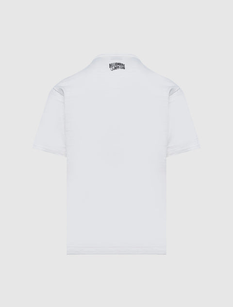 White short sleeve streetwear t-shirt with small graphic logo at upper back