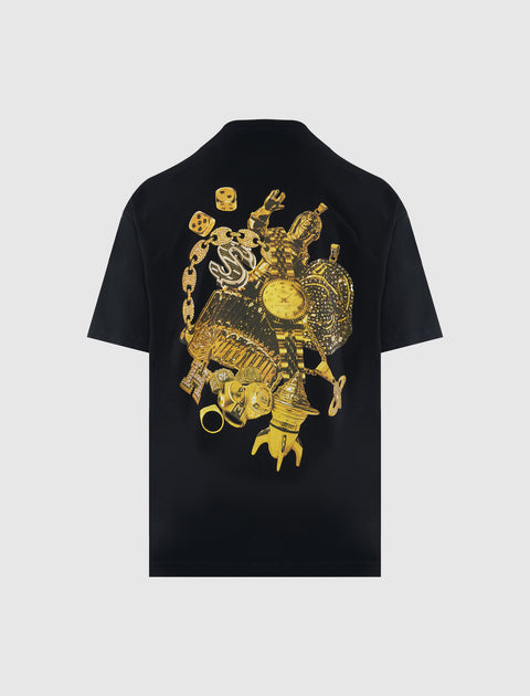 Black streetwear tee with bold gold graphic of watch, chains, and luxury accessories on back