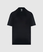 Black short sleeve streetwear t-shirt with small astronaut graphic on back neck