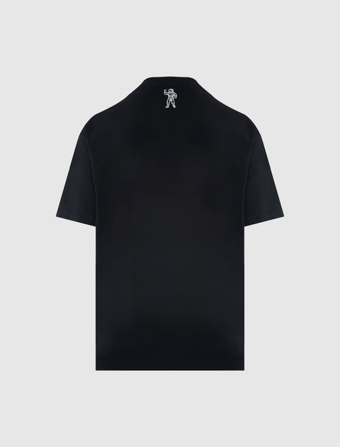 Black short sleeve streetwear t-shirt with small astronaut graphic on back neck