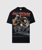 Black graphic streetwear t-shirt with astronaut and Mars-themed print, bold text on front.