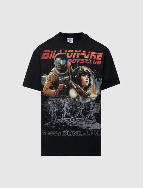 Black graphic streetwear t-shirt with astronaut and Mars-themed print, bold text on front.