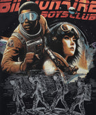 Graphic t-shirt with astronauts, sci-fi characters, and bold red text on black fabric
