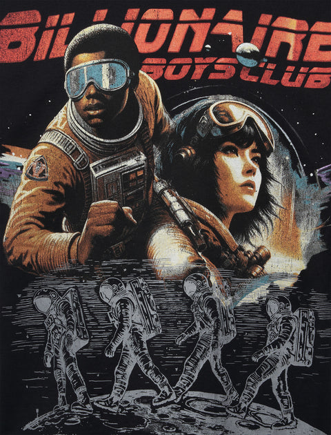 Graphic t-shirt with astronauts, sci-fi characters, and bold red text on black fabric