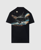 Black streetwear t-shirt with space ship and planet graphic on back