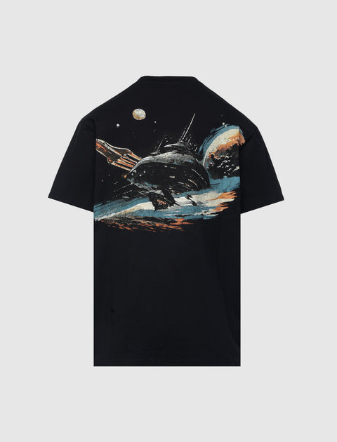 Black streetwear t-shirt with space ship and planet graphic on back
