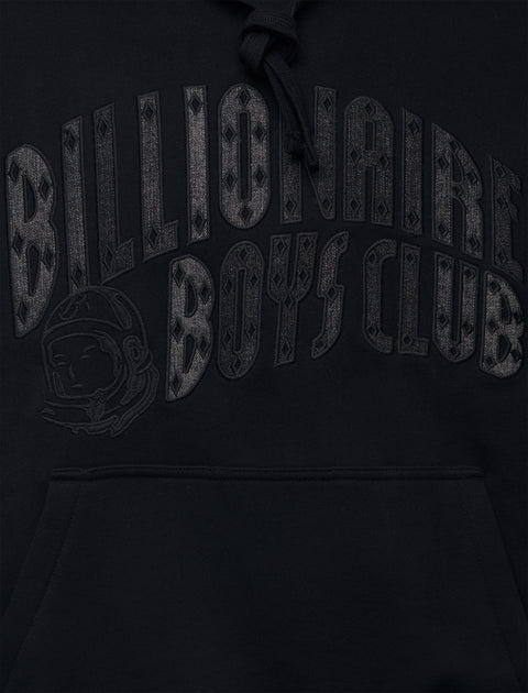 Black streetwear hoodie with large tonal 'Billionaire Boys Club' embroidered graphic