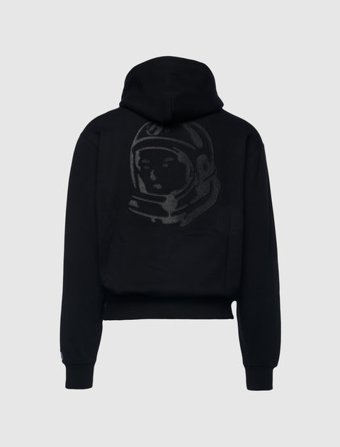 Black streetwear hoodie with astronaut helmet graphic on back, men's urban apparel