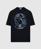 Black streetwear t-shirt with large silver astronaut helmet graphic on front