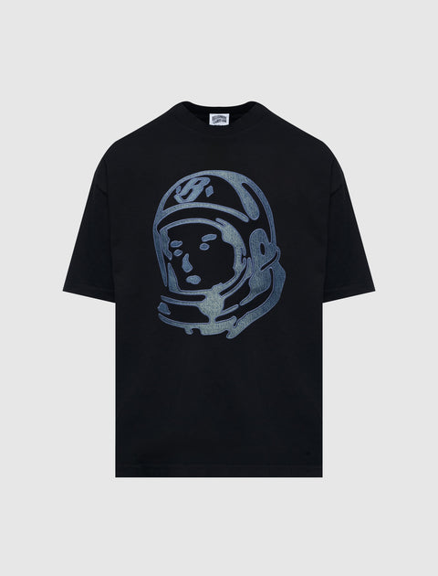Black streetwear t-shirt with large silver astronaut helmet graphic on front