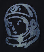 Denim astronaut helmet applique on black fabric, streetwear graphic detail