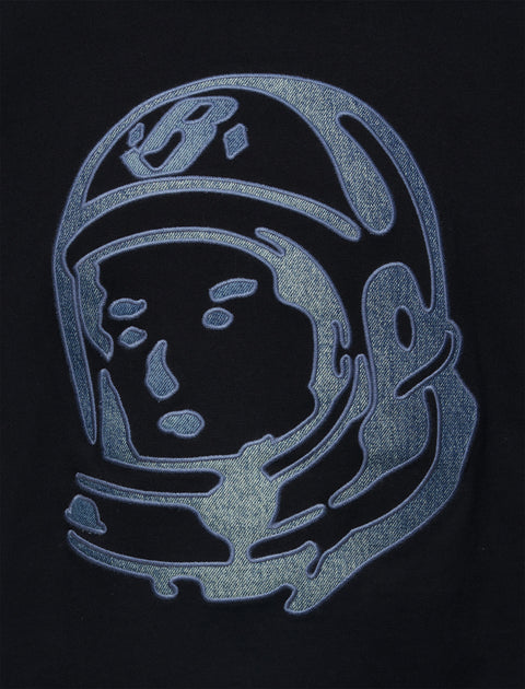 Denim astronaut helmet applique on black fabric, streetwear graphic detail