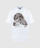 White streetwear t-shirt with vintage-style graphic of person inspecting gemstones