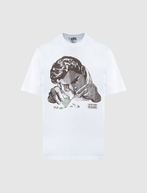 White streetwear t-shirt with vintage-style graphic of person inspecting gemstones