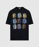 Black streetwear t-shirt with colorful astronaut helmet graphic pattern on front