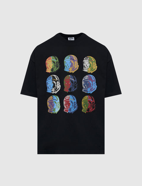 Black streetwear t-shirt with colorful astronaut helmet graphic pattern on front