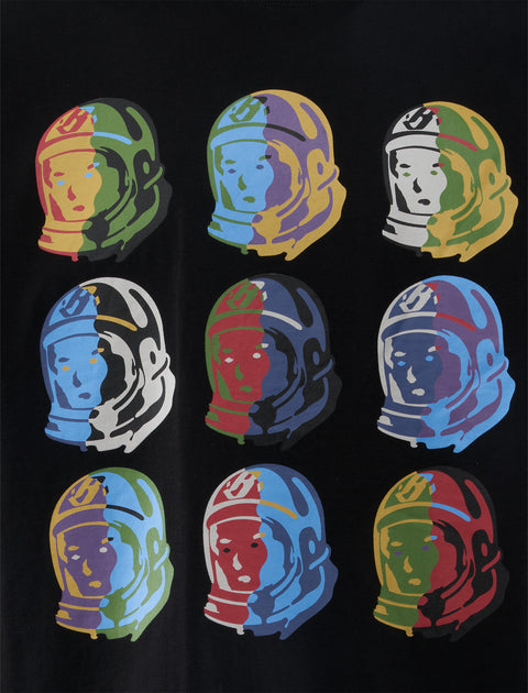 Black streetwear shirt with colorful astronaut helmet graphic pattern, modern urban fashion