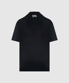 Back view of black short sleeve men's streetwear t-shirt with white logo on neck