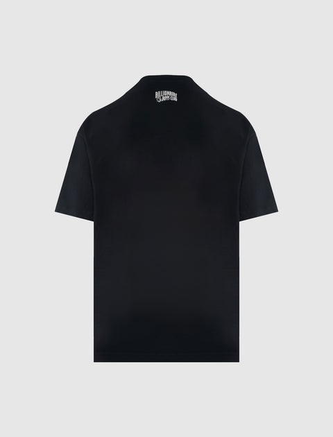 Back view of black short sleeve men's streetwear t-shirt with white logo on neck
