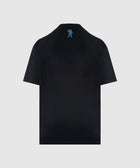 Black short-sleeve streetwear t-shirt with small blue astronaut graphic on upper back