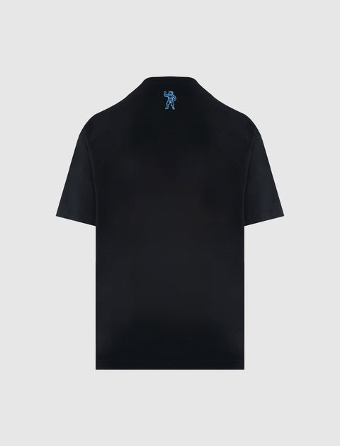 Black short-sleeve streetwear t-shirt with small blue astronaut graphic on upper back