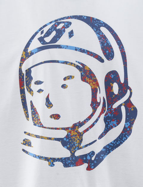 White streetwear t-shirt with blue, red, and yellow splatter astronaut graphic print