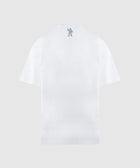 White short sleeve streetwear t-shirt with small astronaut graphic on back neck